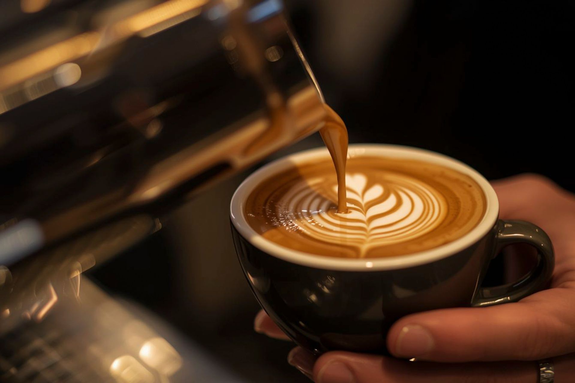 A brightly lit, modern café with drinks on the counter